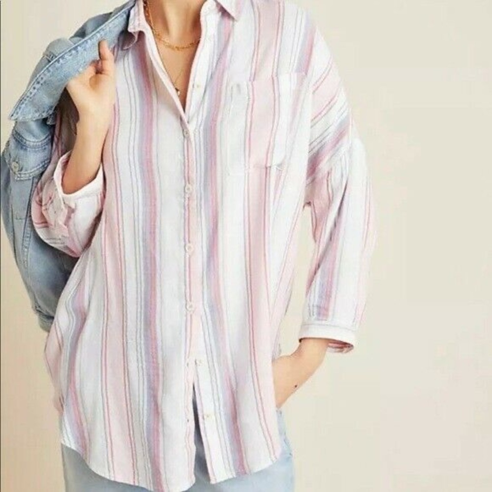 ▪️Anthropologie Pilcro The Bo Boyfriend Striped Button-Up Oversized Shirt Sz M/L